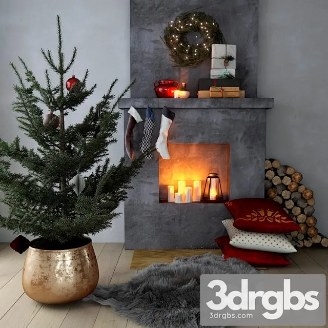 Fireplace with christmas decor 3D Model Download