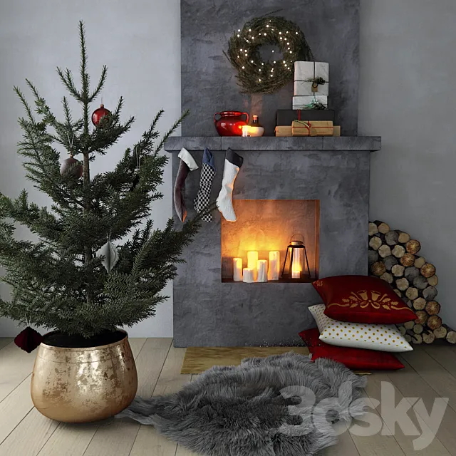 Fireplace with Christmas decor 3D Model Fireplace with Christmas decor 3D Model