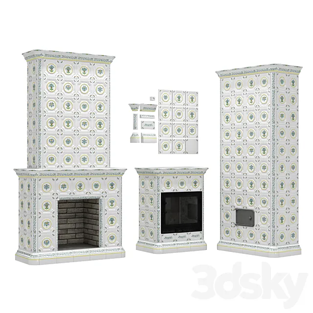 Fireplaces and stove with Provence tiles 3D Model