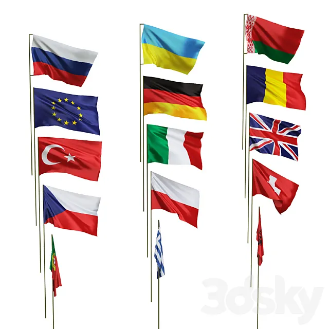 Flags of different countries. 15 species 3D Model Flags of different countries. 15 species 3D Model