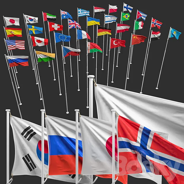 Flags of the countries of the world (8 flagpoles 32 flags) 3D Model Flags of the countries of the world (8 flagpoles 32 flags) 3D Model