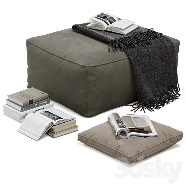 Floor decor set 001 with pouf and books 3DModel Floor decor set 001 with pouf and books 3DModel