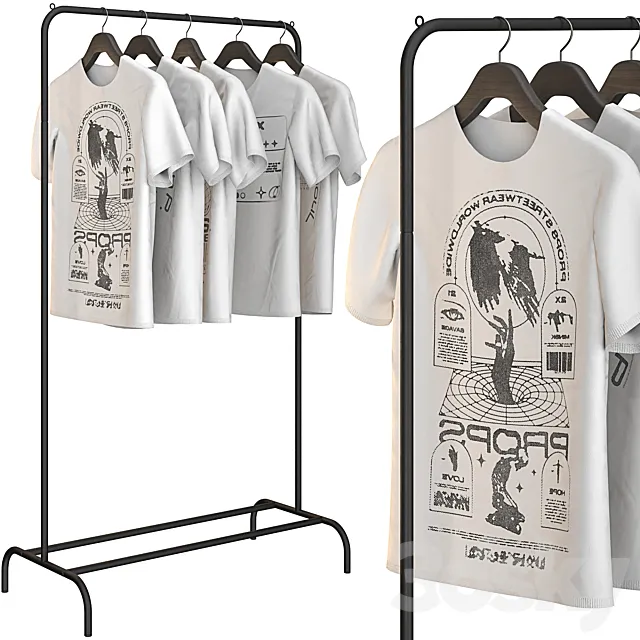 Floor hanger with white t-shirts 3D Model Floor hanger with white t-shirts 3D Model
