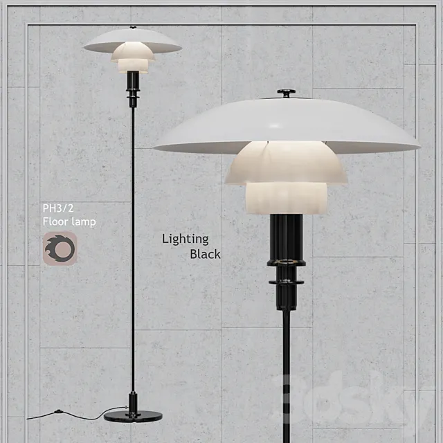 Floor lamp Louis Poulsen PH 3_2 Floor Lamp Black Body White Glass 3D Model Floor lamp Louis Poulsen PH 3_2 Floor Lamp Black Body White Glass 3D Model