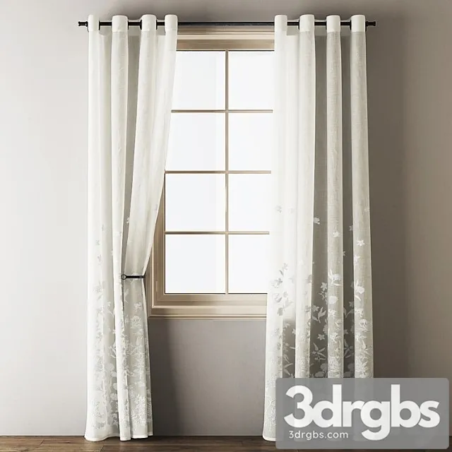 Floral embroidered linen eyelet curtains 3D Model Download
