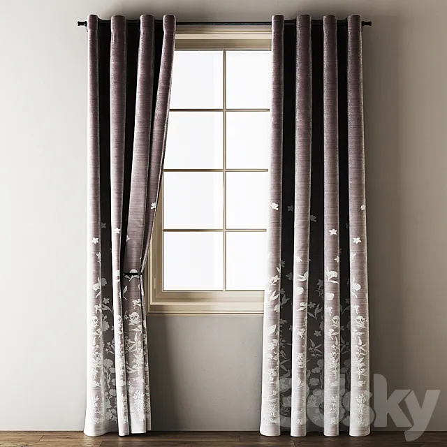 Floral Embroidered Velvet Eyelet Curtains 3DModel Floral Embroidered Velvet Eyelet Curtains 3DModel