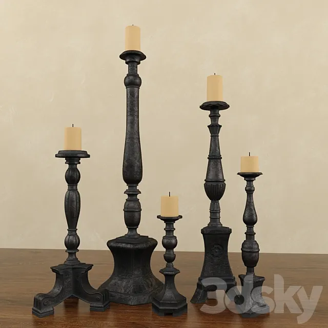 Florentine Carved Wood Candlesticks Black 3D Model Florentine Carved Wood Candlesticks Black 3D Model
