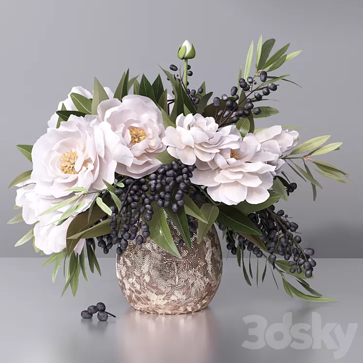 Flower Arrangement- peony grape leaf twig vase 3D Model