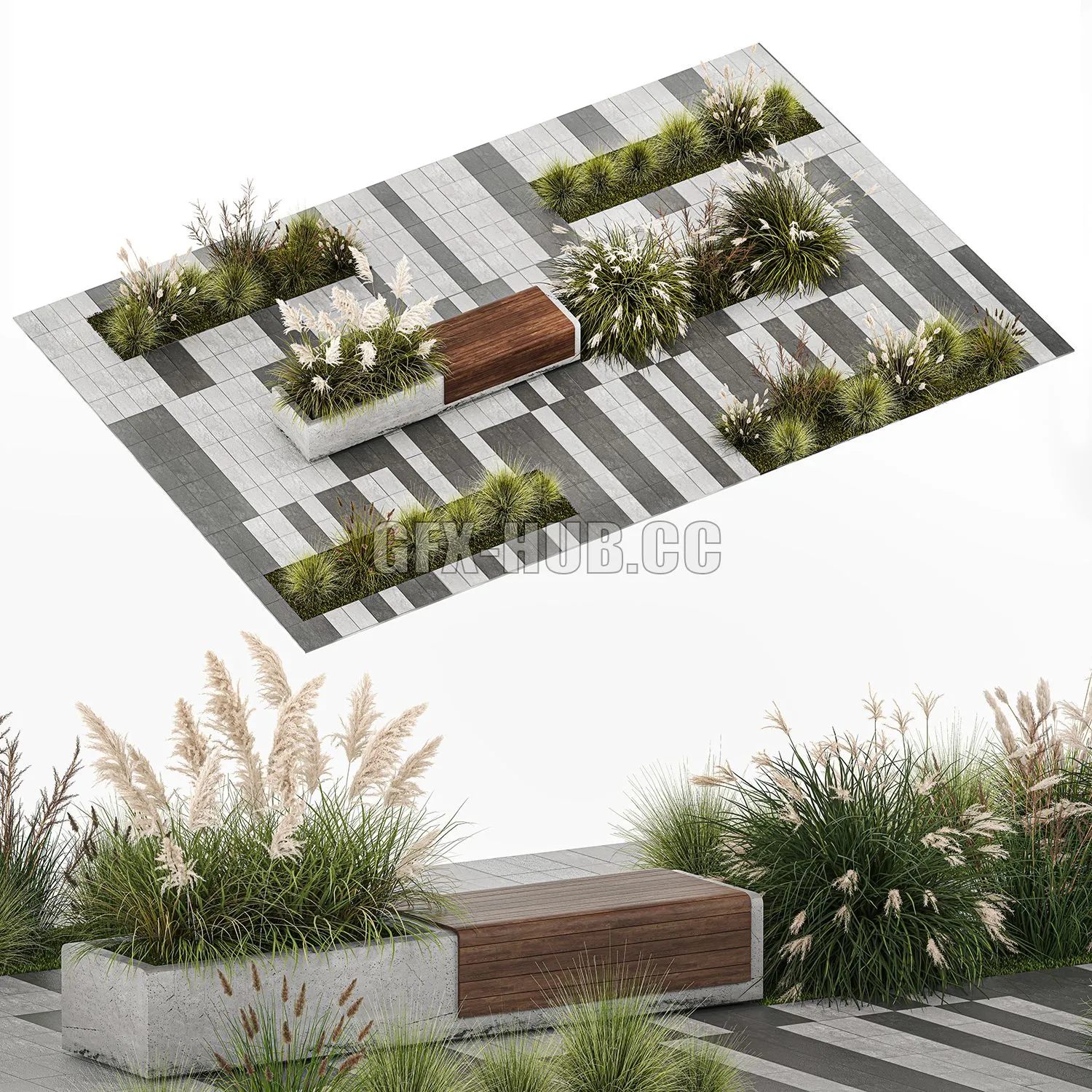 Flower bed with feather grass bushes and bench paving slabs 1147 3D Model Flower bed with feather grass bushes and bench paving slabs 1147 3D Model