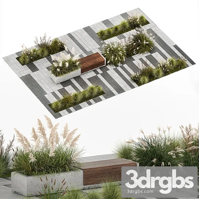 Flower bed with feather grass bushes miscanthus cortaderia and white pampas grass bench and bench paving slabs. 1147. 3D Model Download Flower bed with feather grass bushes miscanthus cortaderia and white pampas grass bench and bench paving slabs. 1147. 3D Model Download