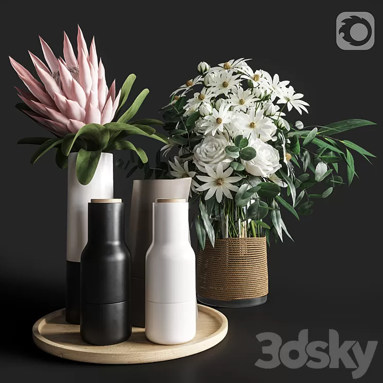 Flower Set 003 Protea and Roses 3D Model