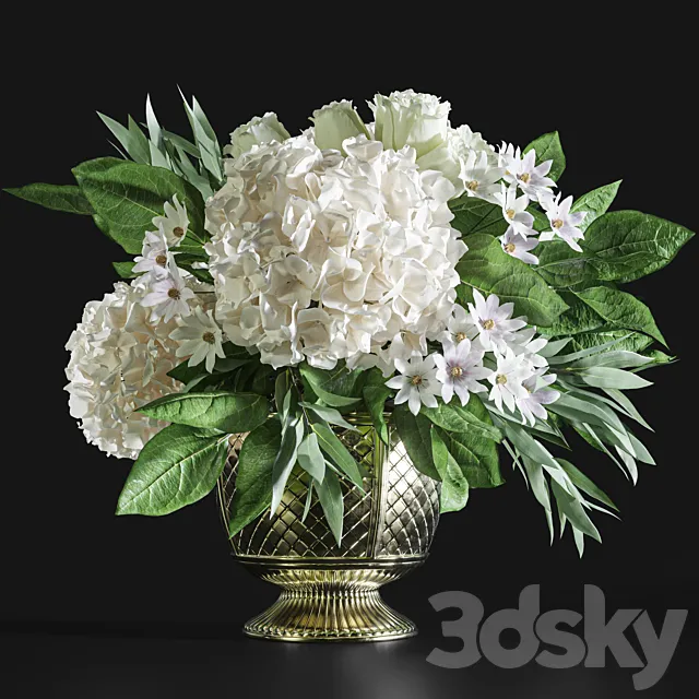 Flower Set 043 white hydrangea gold vase 3DModel Flower Set 043 white hydrangea gold vase 3DModel