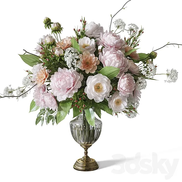 Flower Set 071 peonies gold crystal vase 3D Model