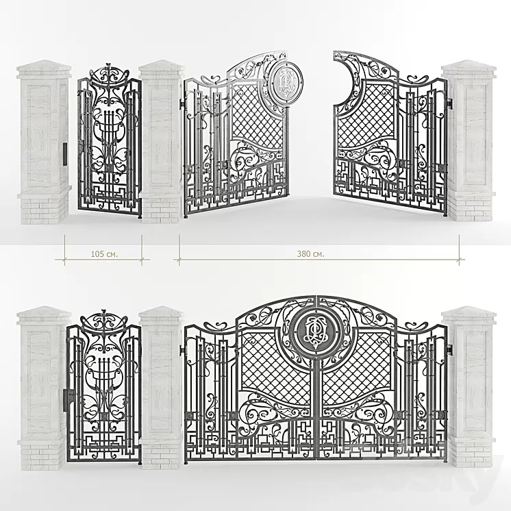 Forged gate with a gate and pillars 3D Model Forged gate with a gate and pillars 3D Model