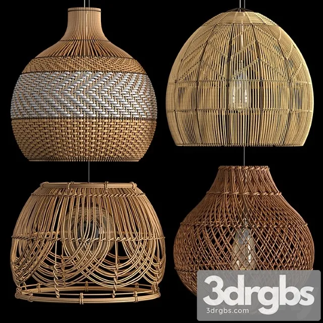 Four Rattan Pendant Lights 3D Model Download