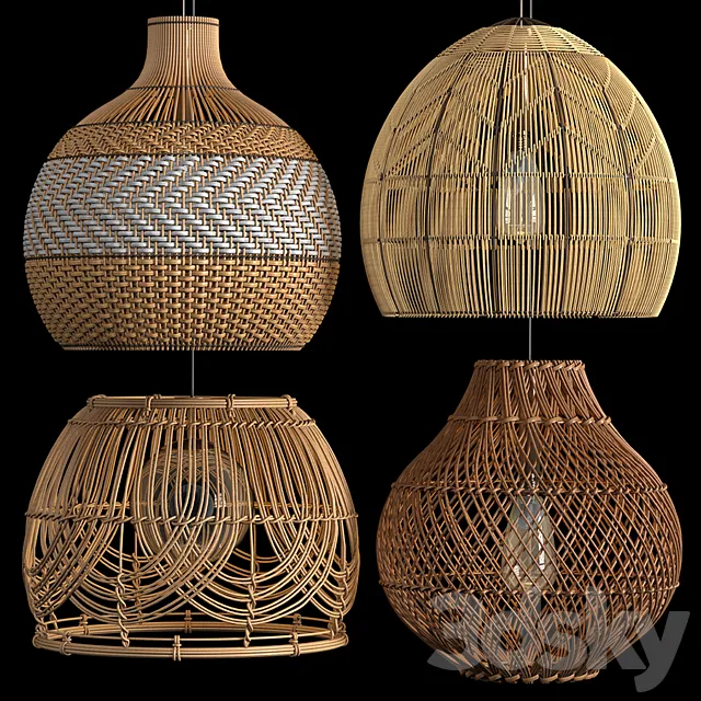 Four Rattan pendant lights 3D Model