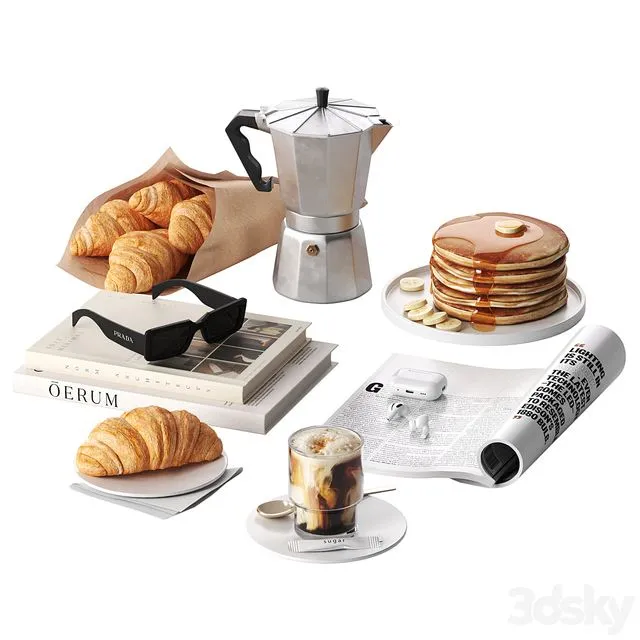 French breakfast with coffee and croissant 3D Model French breakfast with coffee and croissant 3D Model
