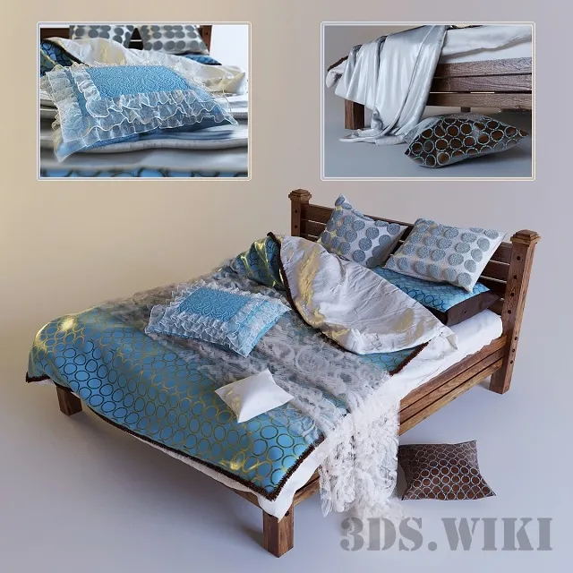furniture – Beautiful wooden bed with linens 3D Model