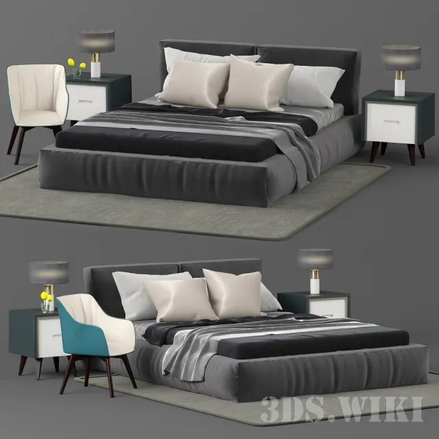 furniture – Bed with pillows a bedside table lamps … 3D Model