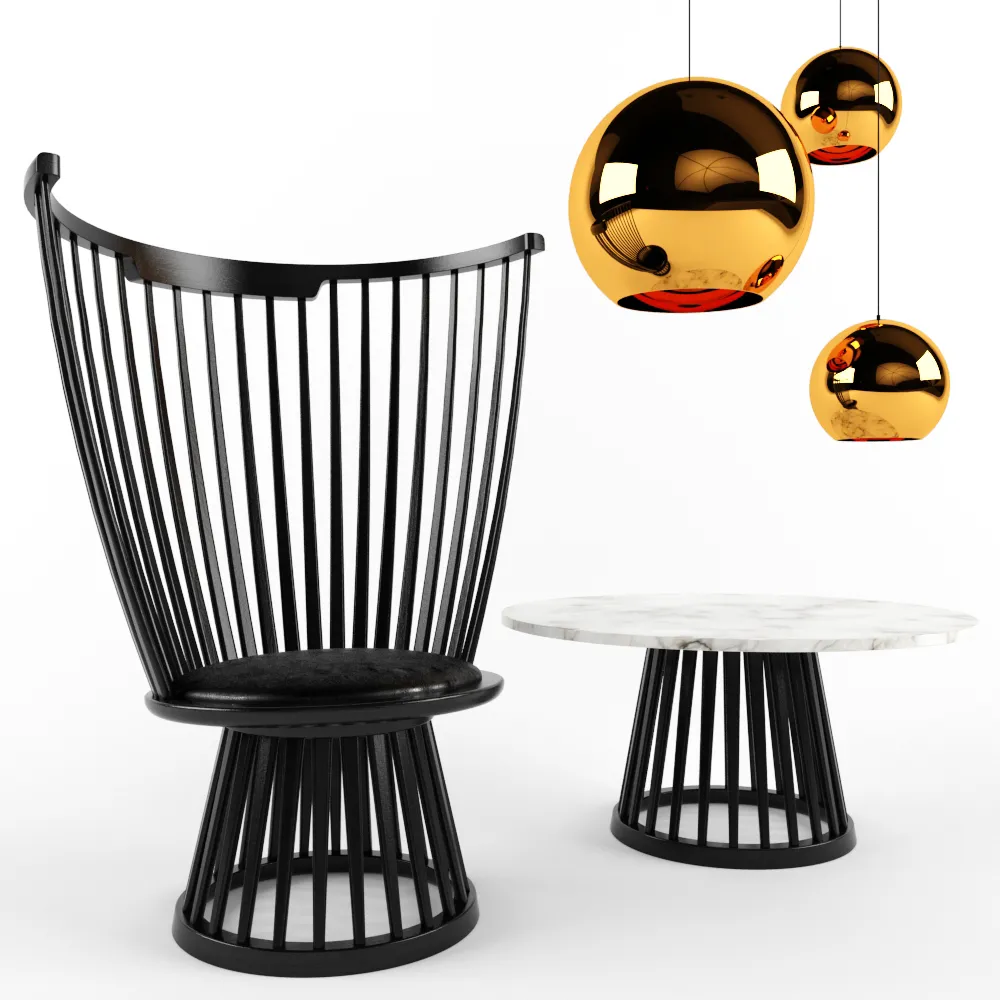 furniture – Chair and table with ceiling lamp 3D Model