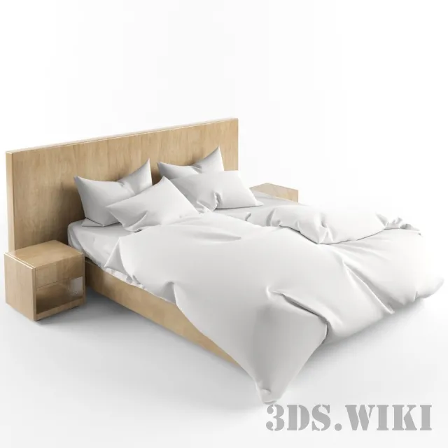 furniture – Contemporary wooden bed with side tables 3D Model