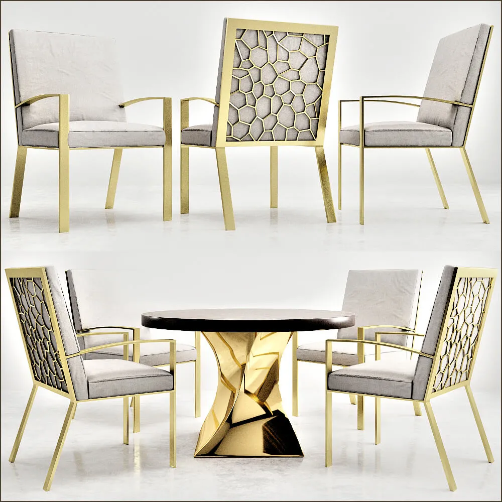 furniture – Gold table with chairs 004 3D Model