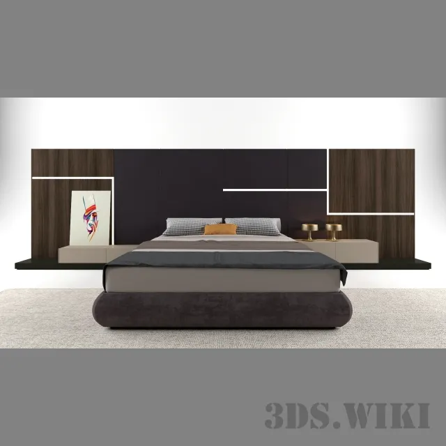 furniture – Modern Bed with Large Headrest 3D Model