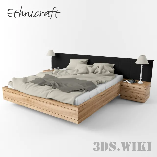 furniture – Wooden Bed with Bedside Tables 3D Model