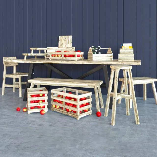 furniture – Wooden table with box of apples 01 3D Model
