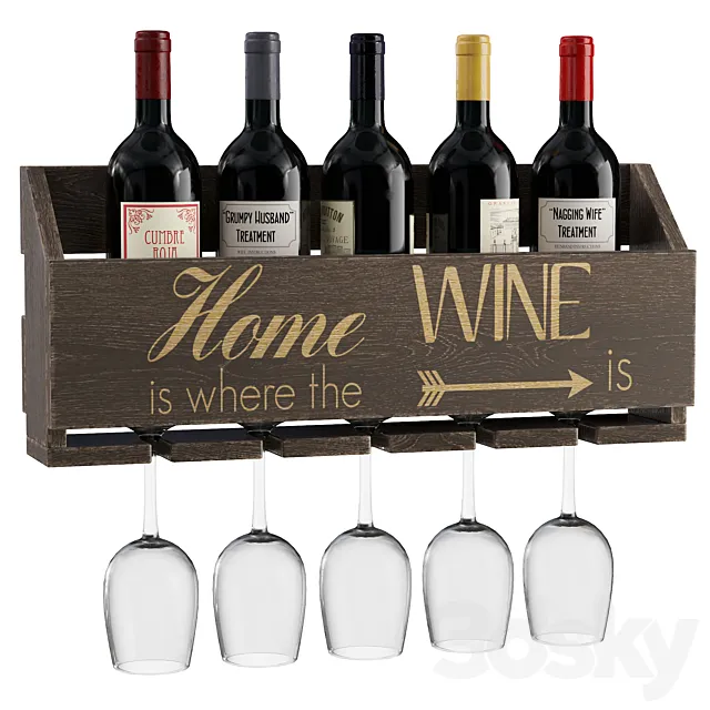 Gallatin Le Luxe Engraved Home is Where 5 Bottle Wall Mounted Wine Bottle and Glass Rack 3D Model