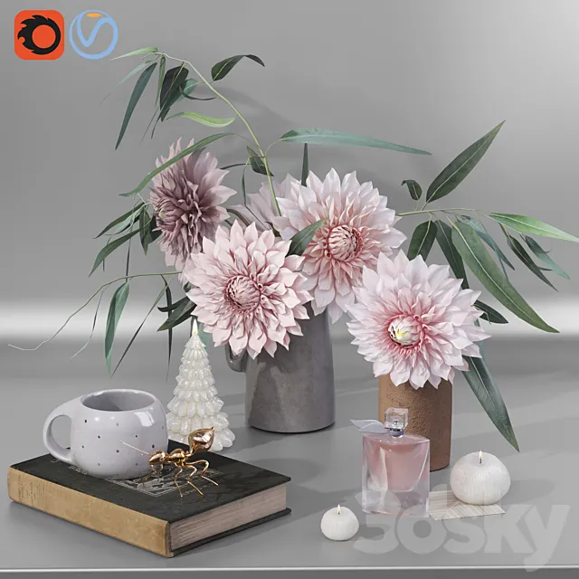 Garden Marigold Dahlia flowers decor set 3DModel