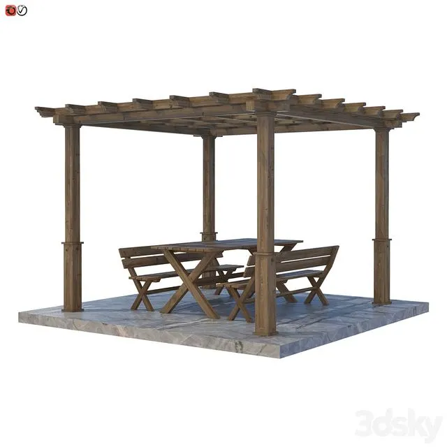 Garden Pergola table and bench 02 3D Model