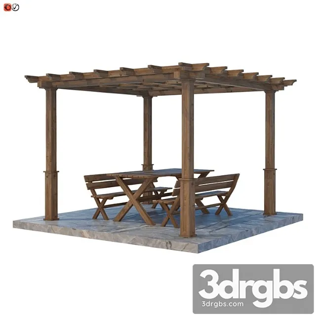 Garden pergola table and bench 02 3D Model Download