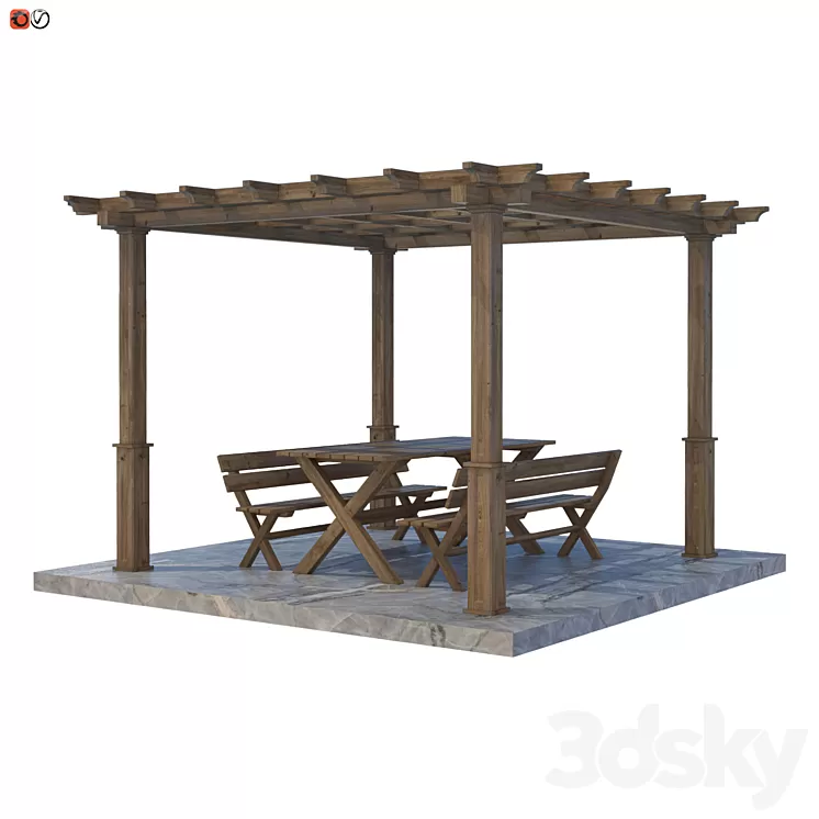Garden Pergola table and bench 02 3D Model