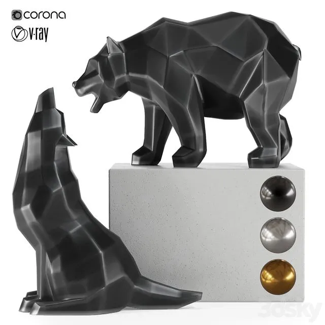 geometric wolf and bear statue 3D Model