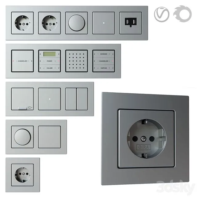 Gira E22 – set of sockets and switches 3D Model Gira E22 – set of sockets and switches 3D Model
