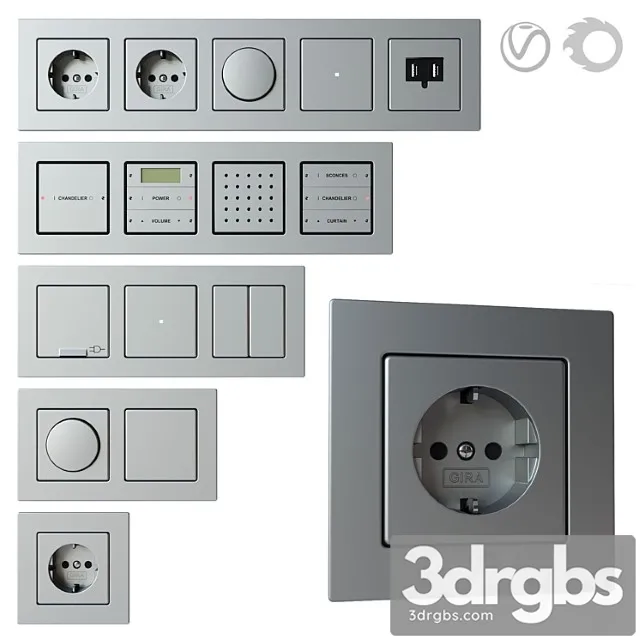 Gira E22 Set of Sockets and Switches 3D Model Download