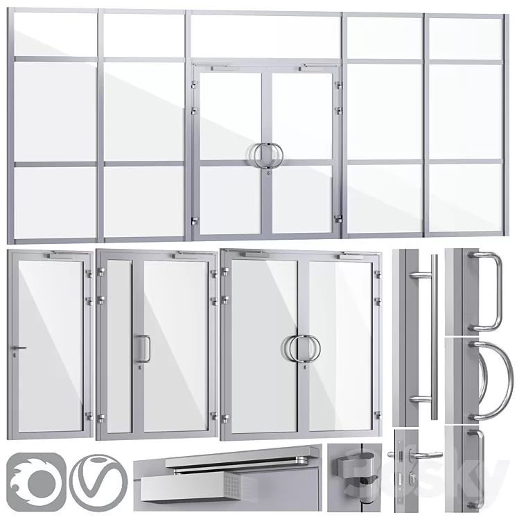 Glass fire doors and partitions a set of handles 3D Model