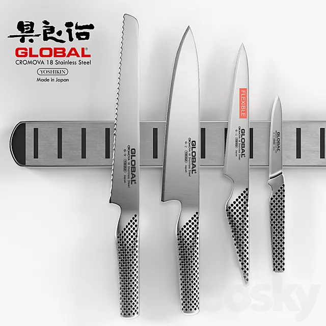 Global knife set + magnetic knife rack 3D Model