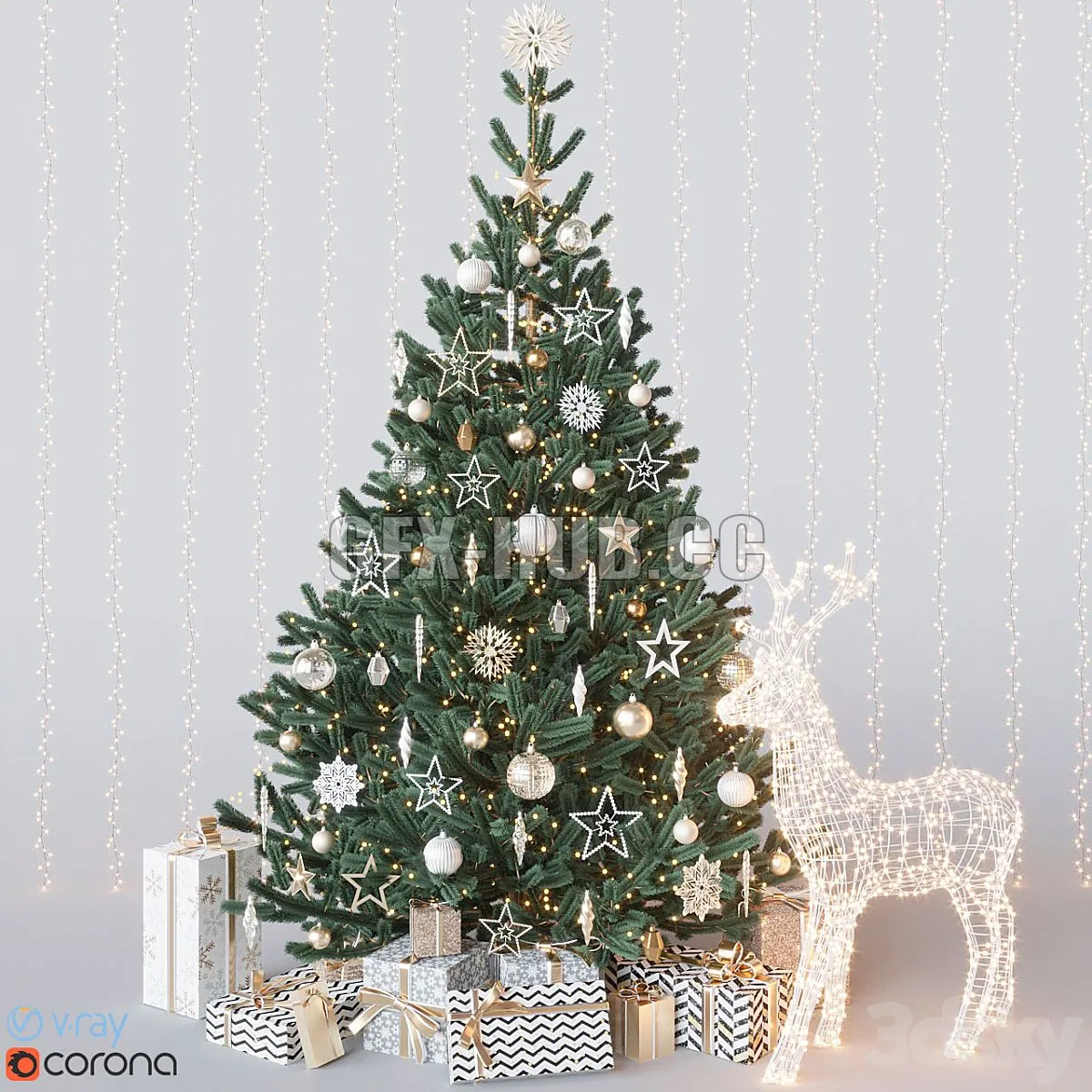 Gold christmas tree with deer 3D Model