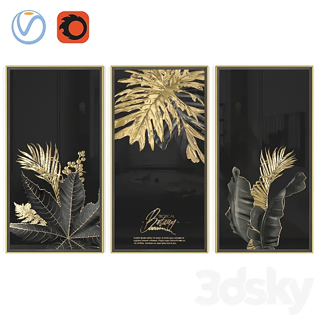 Golden black leaves wall art 3D Model