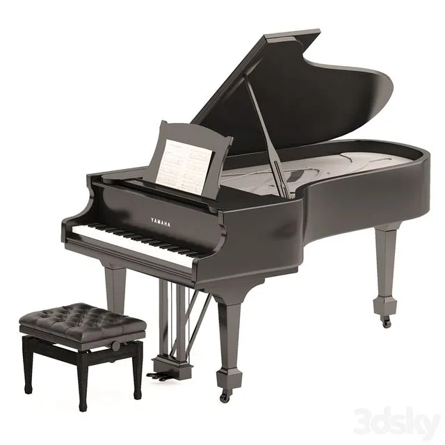 Grand Piano with Stool and Notes 3D Model
