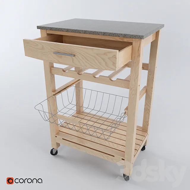 Granite Top Kitchen Cart – Natural Base 3DModel