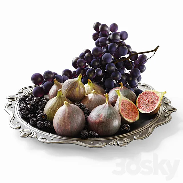 Grapes figs and blackberries in a classic plate 3D Model