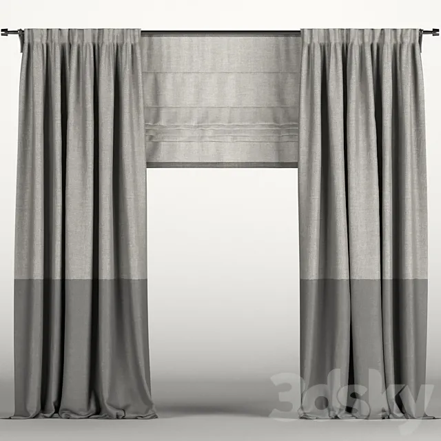 Gray curtains in two shades with a Roman curtain. 3D Model Gray curtains in two shades with a Roman curtain. 3D Model