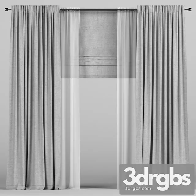 Gray curtains with tulle and a roman curtain. 3D Model Download