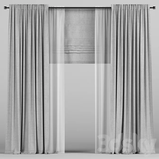Gray curtains with tulle and a roman curtain. 3D Model Gray curtains with tulle and a roman curtain. 3D Model