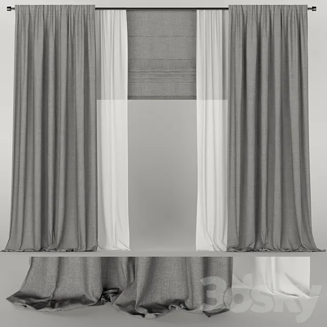 Gray curtains with tulle and roman blinds. 3D Model Gray curtains with tulle and roman blinds. 3D Model