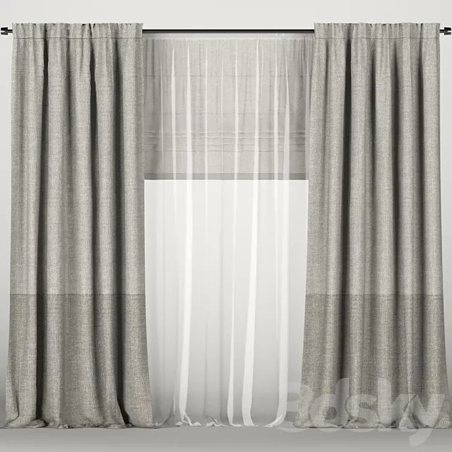 Gray curtains with tulle and roman blinds. 3D Model Gray curtains with tulle and roman blinds. 3D Model