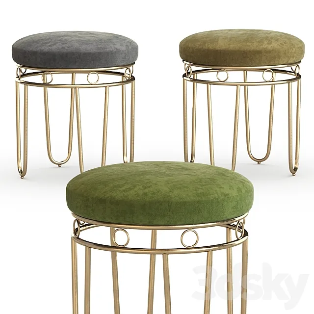 Gray Linen Stool with Gold Legs 3D Model Gray Linen Stool with Gold Legs 3D Model